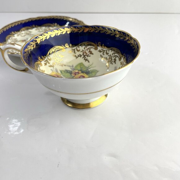 Paragon Teacup & Saucer Cobalt Navy Blue Gold Gilt Cabbage Rose Floral Bouquet - Picture 7 of 16
